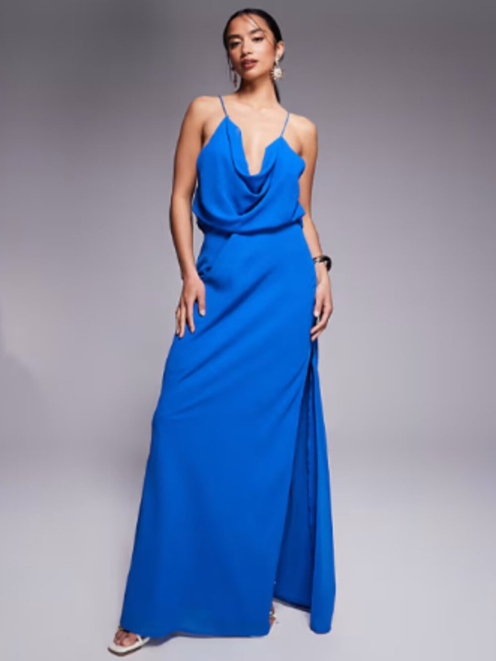 ASOS Design Petite Cowl Front Racer Back Strappy Maxi Dress in Blue